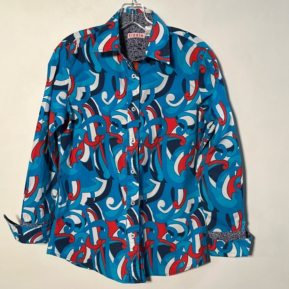 TIZZIE Artsy Mod Print Contrast French Cuff Preppy Retro Blue/Red Cotton Top S - Picture 1 of 16